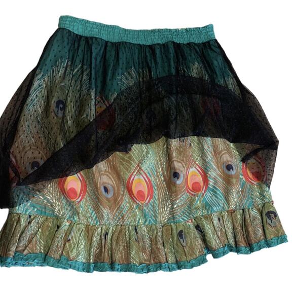 Desigual Green Paradise Peacock Feather Skirt Mesh Layers Size 36 - Picture 1 of 8